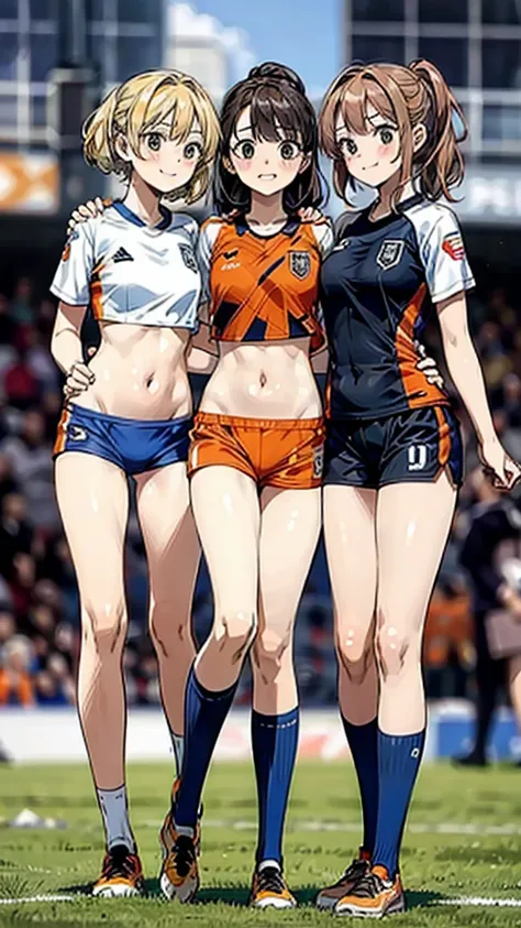 three woman,group shot,squat,open legs,torn uniform,background soccer field,orange color