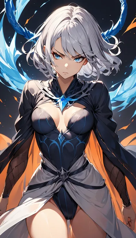 woman,Silver Hair,Medium Hair,Slightly big breasts,Sorcerer,sexy,upright,Facing forward,blue eyes,serious