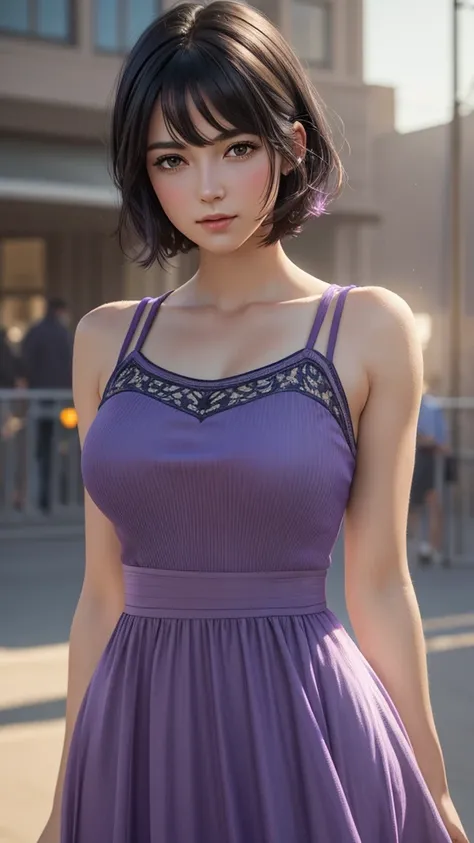 One girl, cowboy shot of beautiful There is, View your viewers, Light purple dress, Black Hair, blush, Short Bob, Sports Day Night, Volumetric lighting, Highest quality, masterpiece, Intricate details, Tone Mapping, Sharp focus, Super detailed, Trending on...