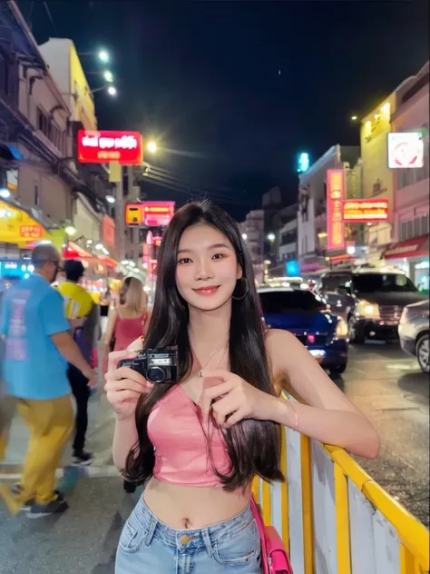 woman in pink top and jeans standing on street corner with mini camera, Genuine smile, asian girl with long hair, 24 year old female model, 8k selfie photograph, shot on nikon z9, 8k artgerm bokeh, street pic