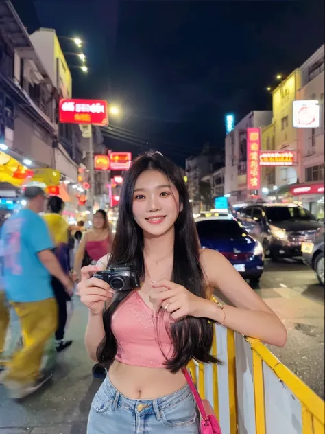 woman in pink top and jeans standing on street corner with mini camera, Genuine smile, asian girl with long hair, 24 year old female model, 8k selfie photograph, shot on nikon z9, 8k artgerm bokeh, street pic