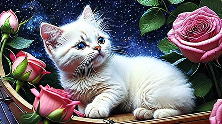 In this ultra-detailed CG art, Adorable white kitten surrounded by fantastic roses, Highest quality, High resolution, Intricate details, Fantasy, Cute Animals、Sleeping on a floating boat、midnight、The stars shine in the sky