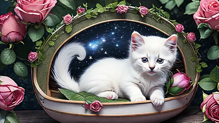 In this ultra-detailed CG art, Adorable white kitten surrounded by fantastic roses, Highest quality, High resolution, Intricate details, Fantasy, Cute Animals、Sleeping on a floating boat、midnight、The stars shine in the sky