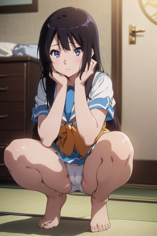 whole body,One girl,indoor,Bed,Troubled face,(whole body:1,0),(pussy cameltoe:1.0),Long legs,uniform,Blue sailor collar,White panties,squat,Squat,Spread your legs,M-shaped legs,Hands behind headで組む,Hands behind head,Beautiful thighs,barefoot,Looking at the...