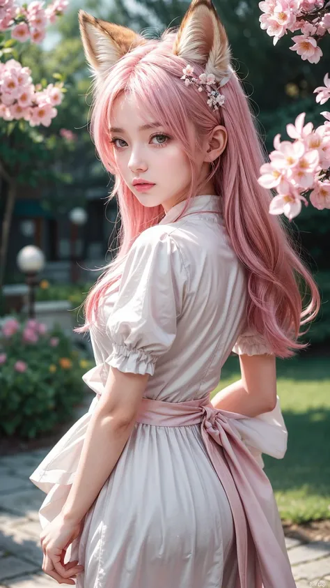 Nine snow-white fox tails (1.0), Milky white fox tail (1.0), Nine-tailed fox close-up, Nine Tails, Nine Tails, Pink Hair、Wearing a pink dress、Anime girl with flowers in her hair, very Beautiful anime fox girl, Beautiful anime fox girl, Beautiful fantasy an...