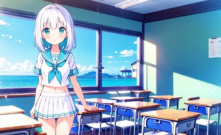 (masterpiece), classroom, 1girl, medium hair, white hair, (aqua eyes:1.2), (white sailor collar:1.2), serafuku, white skirt, pleated skirt nsfw show panties 