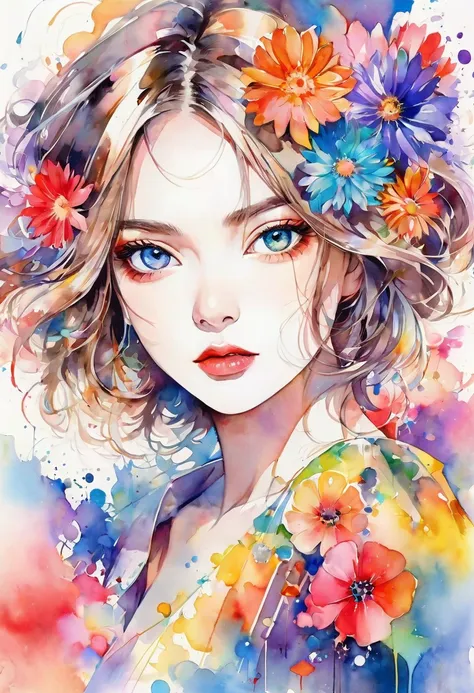 beautiful woman portrait, sylvia pelissero watercolors, colorful flowers、beautiful eyes、 abstract art, intense watercolor, water...