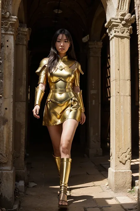 Asian girl wearing golden armor walking in an old ancient kingdom