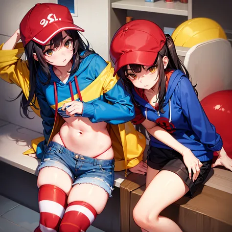 Slim wavy hair girl in shorts and cool red striped open shirt with blue hoodie and yellow cap