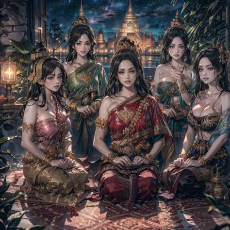 group of five princesses,(five young women,many young women), (in the bedroom), various hair styles, harem, wear a strapless tha...