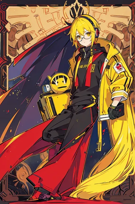 yellow hair, yellow eyes, black glasses, red headset, red jumper, Adonis