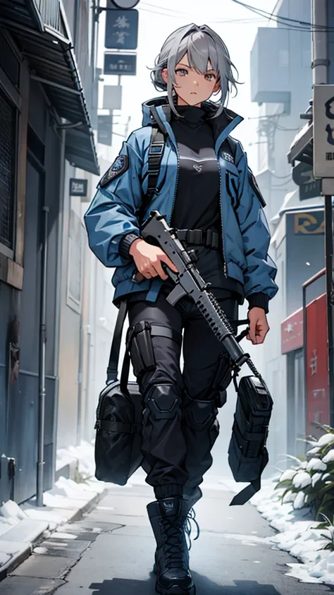 Gray hair inner color blue、Combat Uniform、Ready your gun?、Tactical Jacket、girl