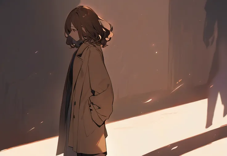 Shadows of a girl and a man with brown, wavy bob hair wearing a dark beige coat