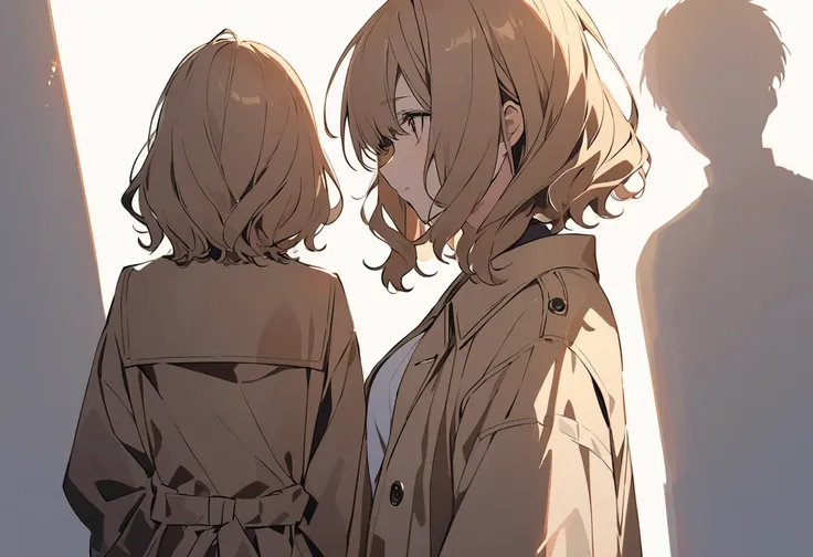 Shadows of a girl and a man with brown, wavy bob hair wearing a dark beige coat