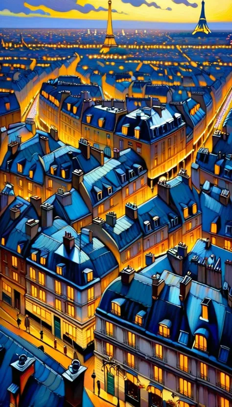 view of the roofs of Paris, 30s, dusk, play of lights (art inspired by Jean-Pierre Gibrat). oil painting)

