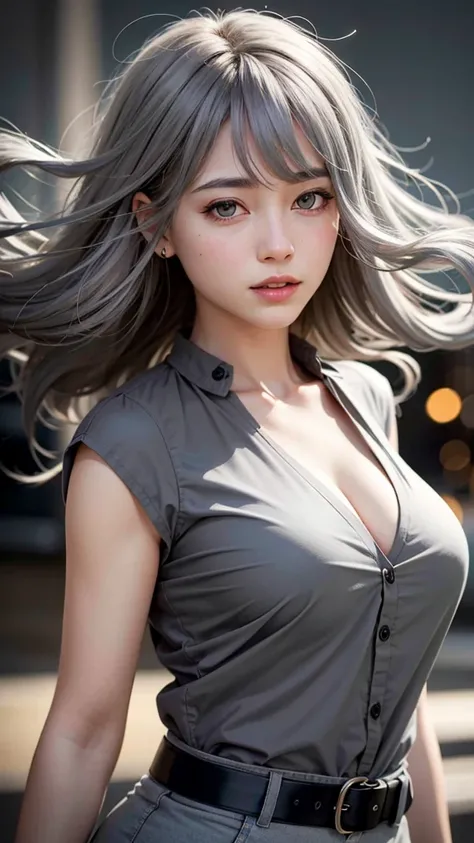 Highest quality, Realistic, 8K, High resolution, 1peopleの女の子, woman,(Skin Dentition), (Large Breasts), (Professional Lighting, Bokeh), (street), (people々, crowd:0.6), market,  (night:1.2),(Gray Hair:2.0), (blouse:1.5), (I wore:0.6), nice, bloom, (Floating ...