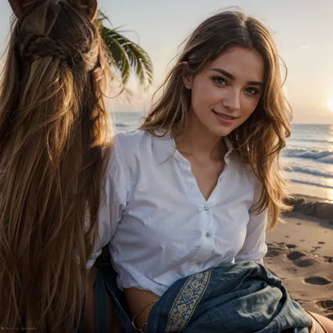 Beautiful blonde riding a horse on a deserted beach, portant une tenue équestre élégante composée dun pantalon de jodhpur et dune chemise blanche. The setting sun tints the sky with golden colors, et les vagues éclaboussent doucement les sabots du cheval. ...