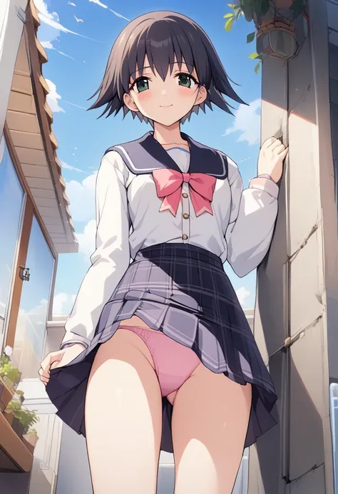 One girl,Nozomi、The whole body is shown、slender body,ideal ratio body proportions,Gentle expression、smile、Eyes open、curtsey:2、looking viewer,uniform、skirt、panty shot,Pink string panties,noon、blue sky、rooftop、from below,A complete depiction of the human bod...