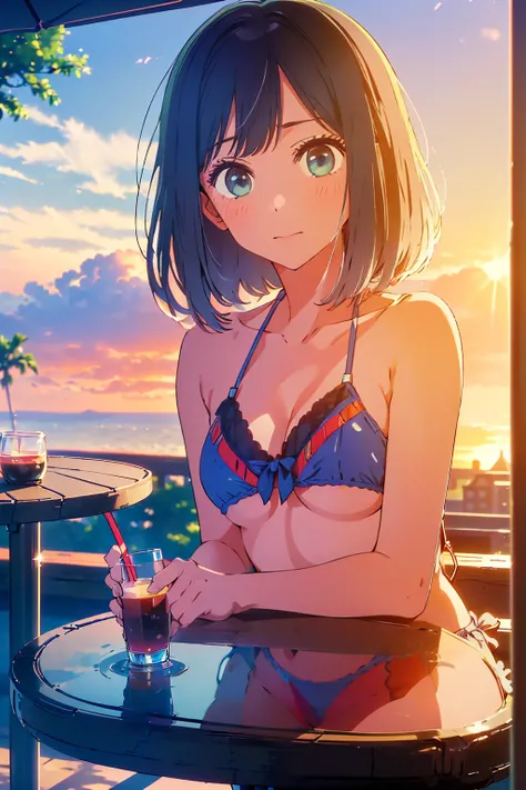 (Highest quality:1.4、masterpiece:1.4、Super detailed:1.4、8K:1.4)、F cup bust、Big Breasts、Slim body、((((1 person、Surprised expression、sit、In the background are the urban buildings of Tokyo、Looking at the camera、Outdoor café terrace、Sunset Beach、Navy hair colo...