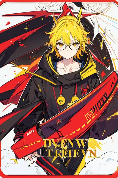 yellow hair, yellow eyes, black glasses, red headset, red jumper, Adonis, man, white background