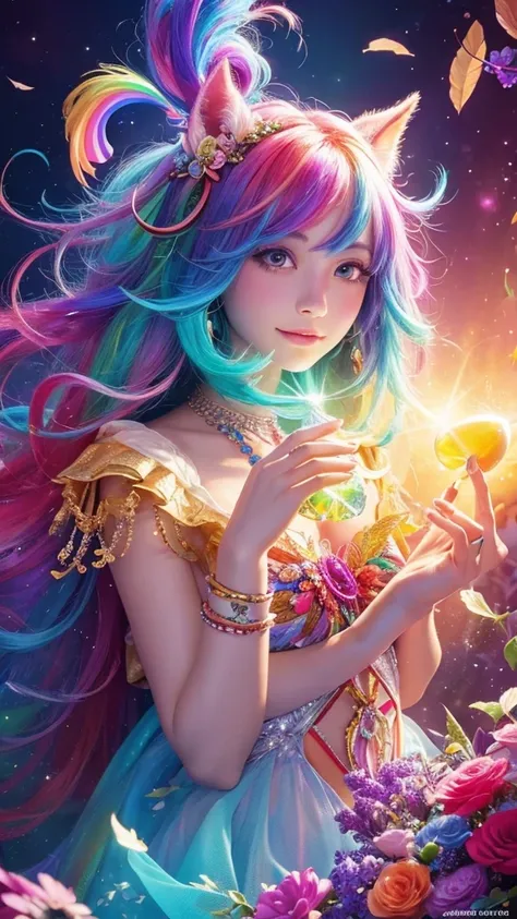 The image you provided appears to be a digital artwork featuring a character with vibrant, multi-colored hair holding a crystal. The background is filled with colorful elements like rainbows and flowers, creating a whimsical and fantastical atmosphere.
Wai...