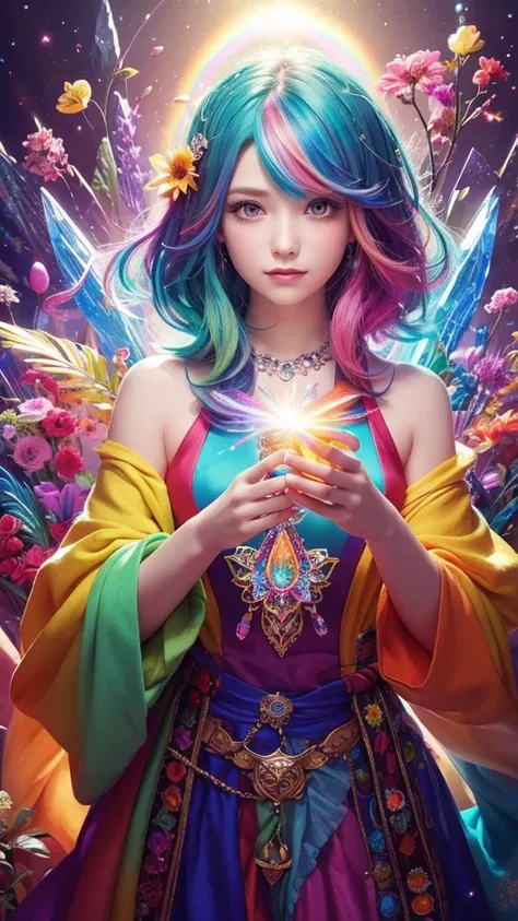 The image you provided appears to be a digital artwork featuring a character with vibrant, multi-colored hair holding a crystal. The background is filled with colorful elements like rainbows and flowers, creating a whimsical and fantastical atmosphere.
Wai...