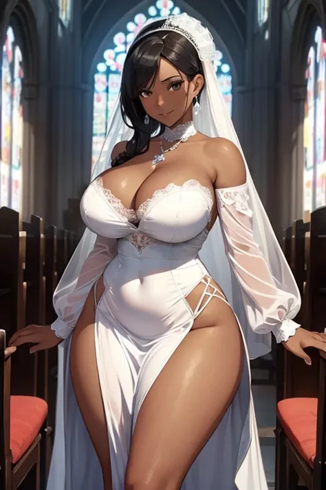 (masterpiece), best quality, expressive eyes, perfect face, front lighting, (inside curch sanctuary background), (standing at altar), (seductive look), (cleavage view), (1girl, Nico Robin, milf, latina, dark skin, short black hair, ponytail bun hairstyle, ...