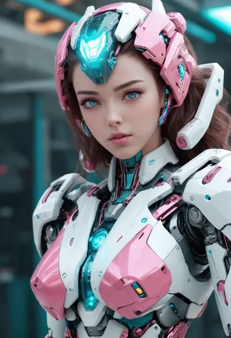 A woman, beautiful face, mecha body, (white, pink, cyan). best quality, masterpiece, Ultra high detail, 8k