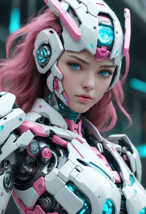 A woman, beautiful face, mecha body, (white, pink, cyan). best quality, masterpiece, Ultra high detail, 8k