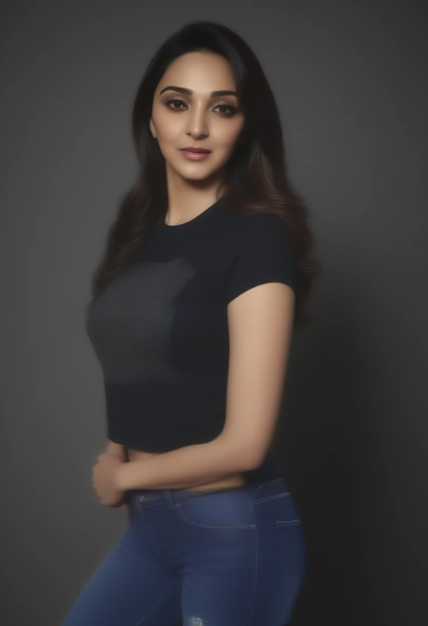 ((best quality)), ((masterpiece)), (detailed), (kiara advani ) , wearing short sleeves black printed t-shirt  and blue jeans , (...