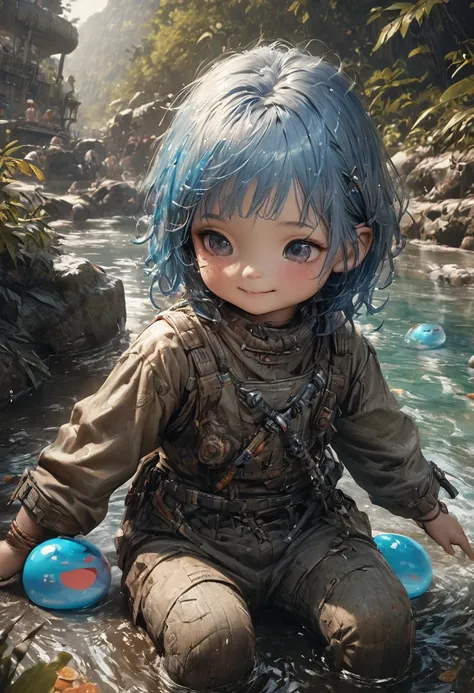 (((masterpiece))), (highest quality), (Ultra-high resolution), (best quality), (ultra detail), Colorful slime、Cute expression、Little boy with blue hair、In the great outdoors、Realistic representation、Cool illustrations、Realistic representation of water、Octa...