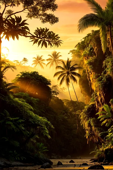 /Imagine Prompt: Visualize expert nature photography. This image shows a breathtaking landscape., Tropical Jungle . The lighting is golden hour   