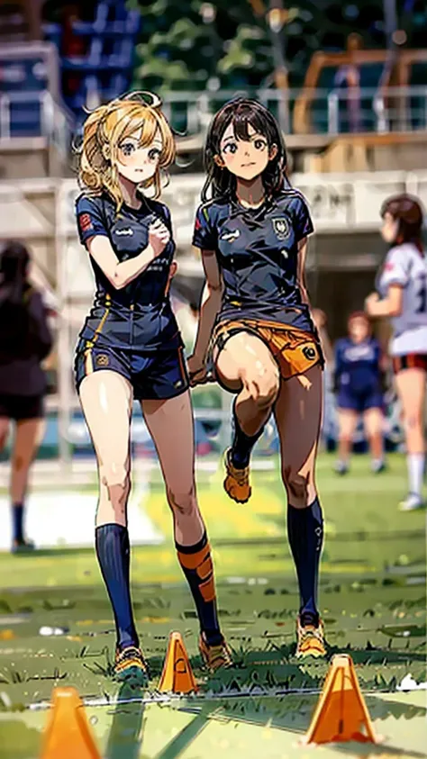 three woman,group shot,squat,open legs,torn uniform,background soccer field,orange color