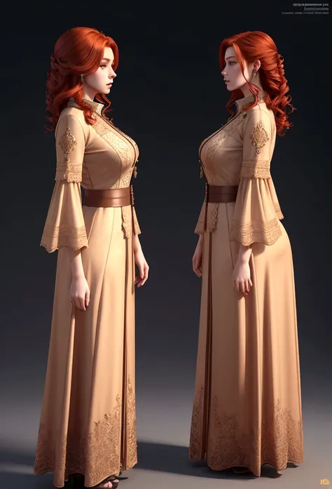 a young woman, redhead, medium height, full body T-pose frontal and side view, detailed face, detailed clothing, intricate hairstyle, cinematic lighting, photorealistic, 8k, high quality, digital art