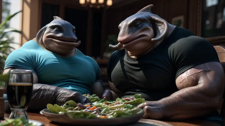 muscular gantu, huge muscles, 3 fingers, t-shirt, sitting at the table, eating salad with a human friend, (best quality,4k,8k,hi...