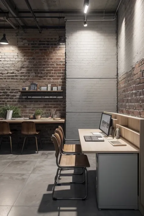 Create a small office, ((realisitic)), 1 exposed brick walls, gray porcelain flooring, warm lights, abstract painting on the wall, MDF table in Jatobá color, comfortable brown chair, plaster lining, rack, textbooks, notebook()detail))((Rendering)).