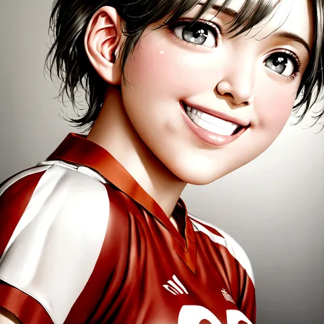 (Gray background:1.5, close-up:1), (Photorealistic:1.4), (Best quality:1.0), (Ultra high resolution:1.0), 8 k, Raw photo, (masterpiece:0.2), 1 girl, Beautiful skin, Detailed skin, big smile, teeth, (short hair:1), (Football uniform:1.2)