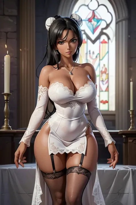 (masterpiece), best quality, expressive eyes, perfect face, front lighting, (inside curch sanctuary background), (standing at altar), (seductive look), (cleavage view), (1girl, Nico Robin, milf, latina, dark skin, short black hair, ponytail bun hairstyle, ...