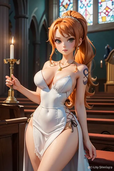 (masterpiece), best quality, expressive eyes, perfect face, front lighting, (inside curch sanctuary background), (standing at altar), (seductive look), (cleavage view), (1girl, Nami, 18 years old, orange hair, long hair, ponytail bun hairstyle, brown eyes,...