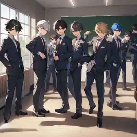 6boys, (a rogue group, reckless young boys, dressing scholar uniforms, bullies, at school settings, a leader in center, classroom background. 