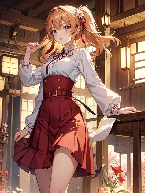 masterpiece, illustration, 8K, best quality, (((Chisato Nishikigi))),big breasts, ribbon,red_eyes,blond hair,Braided Hair、short hair, hair _ribbon,, (((lycoris uniform, two-tone dress, RED dress, pleated dress, belt, Red belt, neck ribbon, blue ribbon, lon...