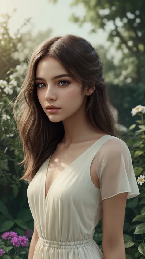 A beautiful girl in a serene garden, elegant dress, flowing long hair, captivating eyes, delicate facial features, soft lighting, dreamy atmosphere, cinematic composition, vibrant colors, digital painting, concept art style, highly detailed, photorealistic...