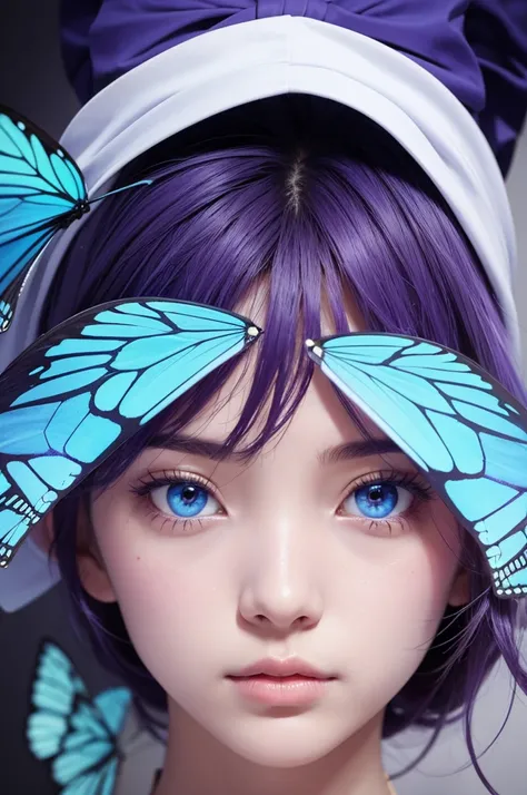 Sky blue butterfly, realistic 3rd person. Purple borders