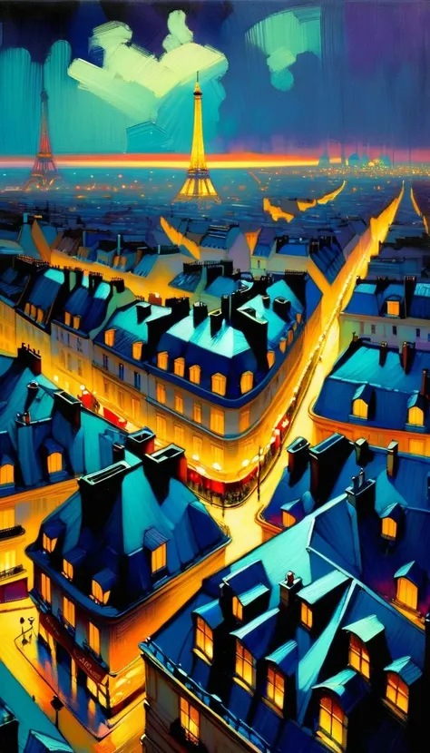 view of the roofs of Paris, 30s, dusk, play of lights(art inspired by Bill Sienkiewicz). oil painting)