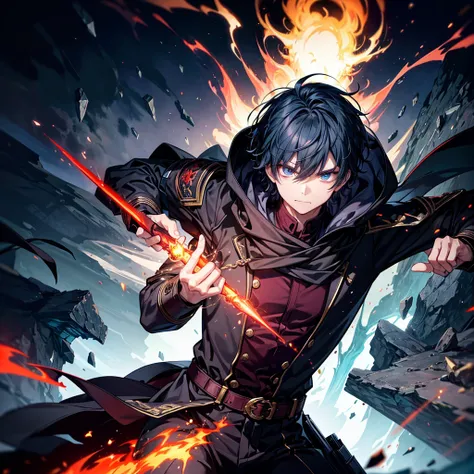 ((Highest quality)), ((masterpiece)), (detailed), 
Create an intense battle scene between two characters, Kai and Magnus. Kai is a young male high school student with short black hair, dark blue eyes, and a moderately muscular build. He wears a simple whit...