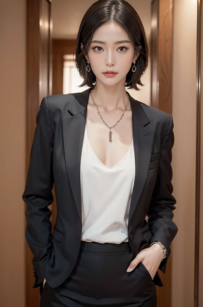 necklace, ring, watch, Earrings, (funeral:1.3), skirt, Black formal suit, whole body, slender, 40 year old Japanese, woman, Beautiful face, Are thin, Highest quality, Ultra-high resolution, (realism: 1.4), Depth of written boundary, Beautiful Face, (Purelo...