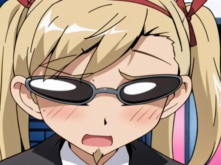 1boy and 1 girl, harimakenji, glasses, mustache, beard, hairband, looking_at_viewer, serious, gakuran, white_shirt,chibi,cute,smile,happy,1 girl,long hair ,blonde hair，portrait,twintail,sawachika eri, twintails, long hair, blonde hair, brown eyes, hair rib...