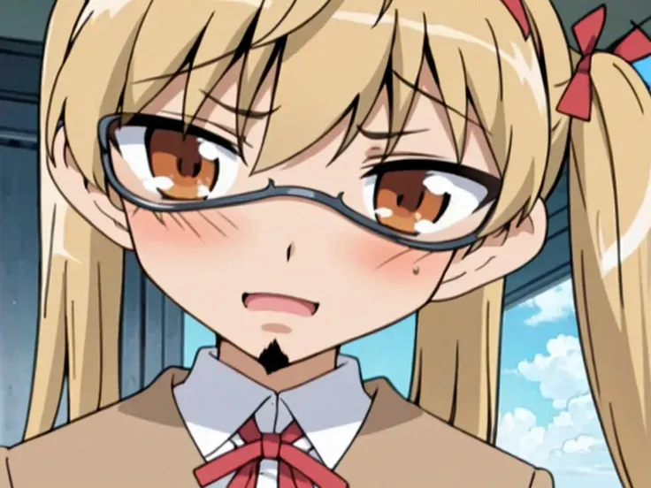 1boy and 1 girl, harimakenji, glasses, mustache, beard, hairband, looking_at_viewer, serious, gakuran, white_shirt,chibi,cute,smile,happy,1 girl,long hair ,blonde hair，portrait,twintail,sawachika eri, twintails, long hair, blonde hair, brown eyes, hair rib...