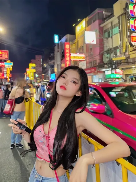 araffe woman standing on a city street at night with a mini camera, at night with neon lights, asian girl with long hair, neon lights in the background, neon city in the background, 8k selfie photograph