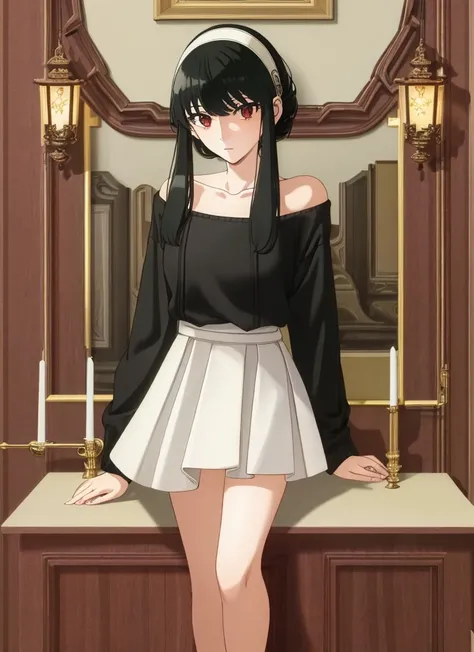 ((best quality)), ((highly detailed)), masterpiece, (detailed eyes, deep eyes), (1girl), full body, yor, black hair, short hair, short hair with long locks, bangs, sidelocks, white hairband, red eyes, off-shoulder sweater, red sweater, collarbone